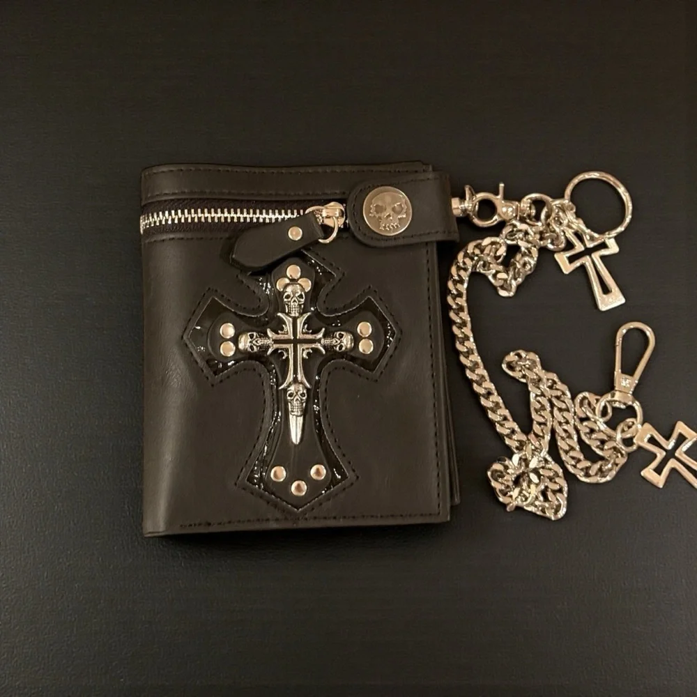 Goth Skull Cross Wallet w/ Chain Black Biker Emo Punk Zip Coin Bill Pocket
